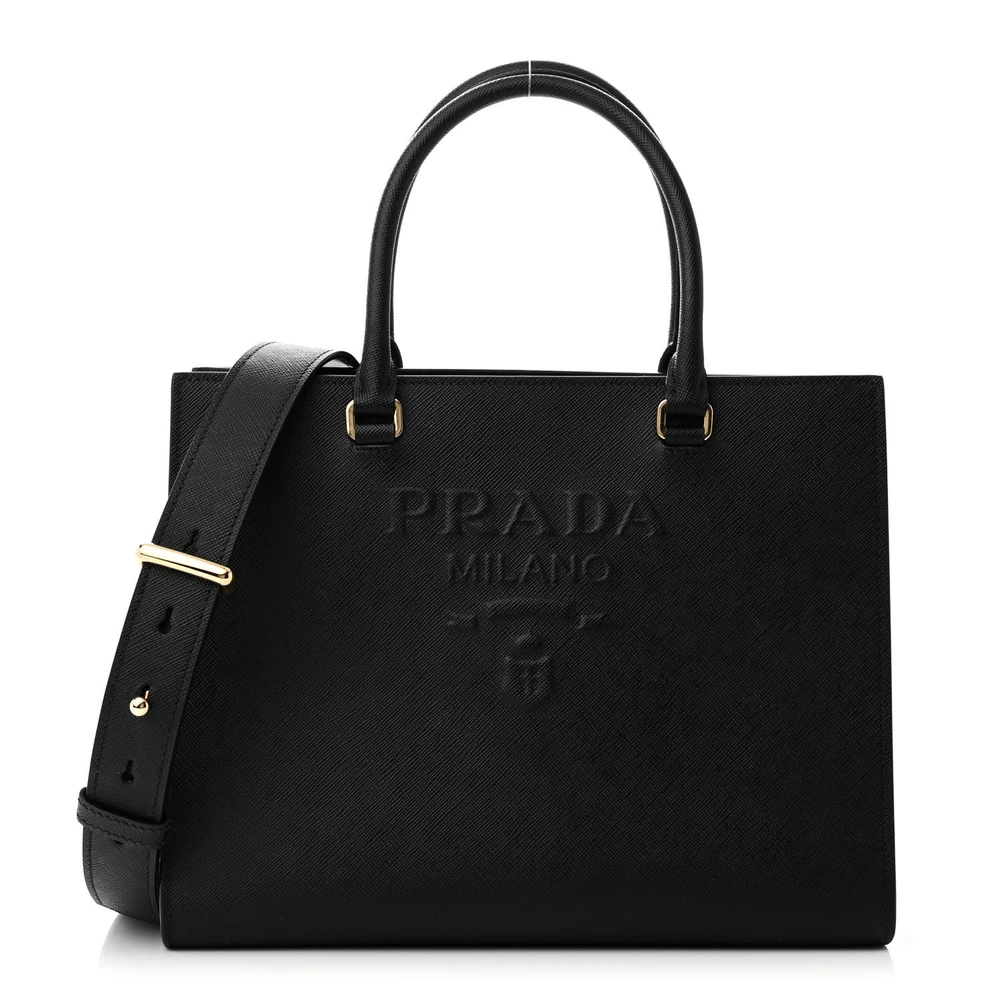 Prada Bolsa de Ombro Média Lux com Logo em Relevo em Couro Saffiano Preto