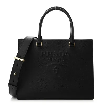 Prada Medium Lux Logo Embossed Shoulder Tote Handbag Black Saffiano Leather