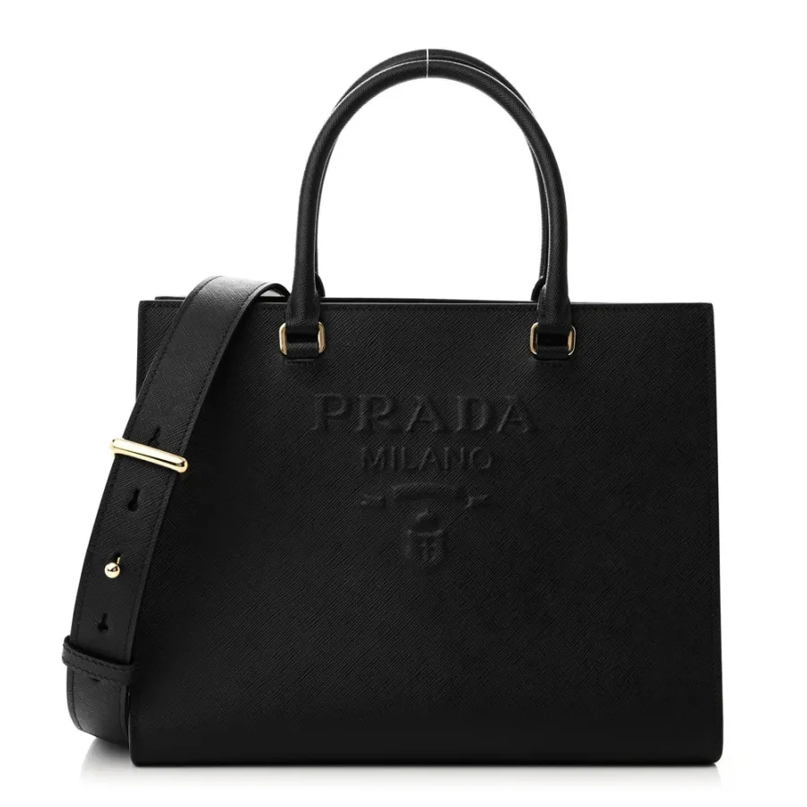Prada Medium Lux Logo Embossed Shoulder Tote Handbag Black Saffiano Leather