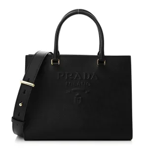 Prada Medium Lux Logo Embossed Shoulder Tote Handbag Black Saffiano Leather