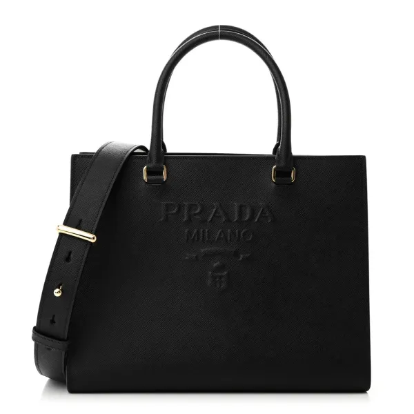 Prada Medium Lux Logo Embossed Shoulder Tote Handbag Black Saffiano Leather