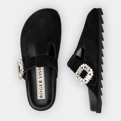 Roger Vivier Slidy Viv' Mules Birkenstocks In Black Suede With Crystal Buckle