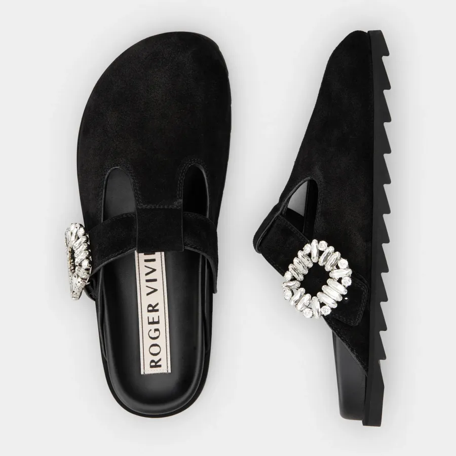 Roger Vivier Slidy Viv' Mules Birkenstocks In Black Suede With Crystal Buckle