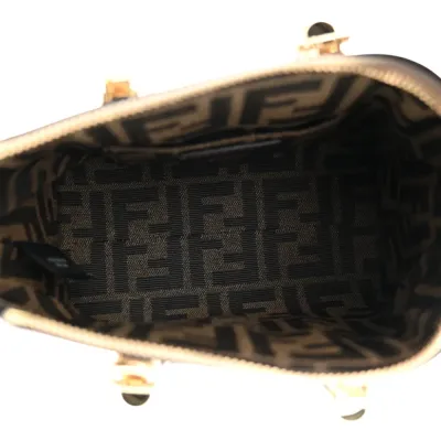 Fendi Mini Logo Embossed By The Way Top Handle Boston Bag Tortora King Vitello Leather & Plexiglass Gold Hardware