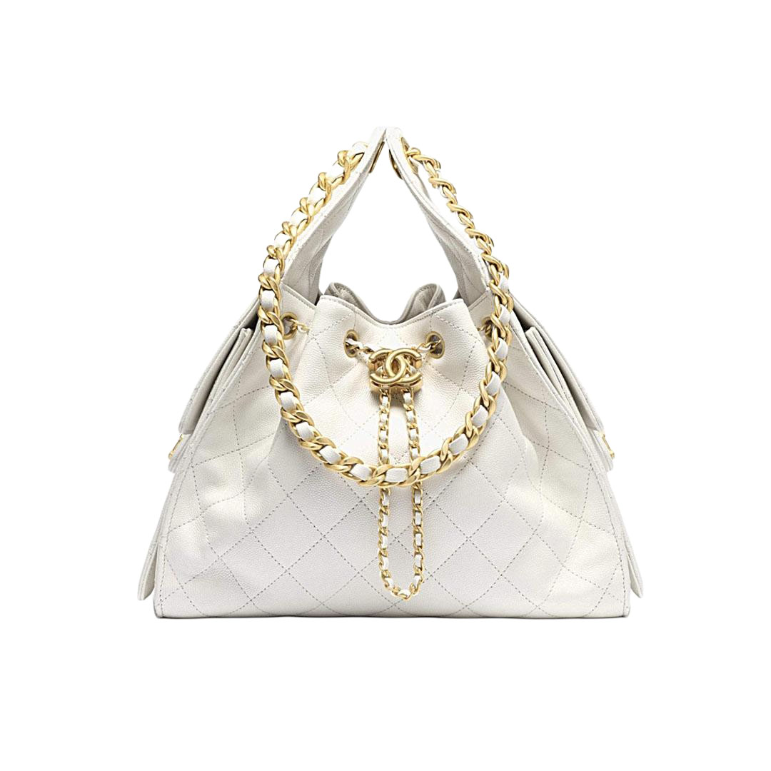 Chanel Bolsas de Ombro Brancas Acolchoadas em Couro Bezerro Brilhante