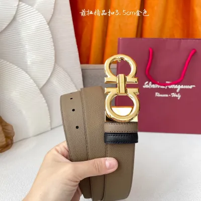 Ferragamo Men's Double Gancini Buckle Reversible Belt In Khaki/Black Calfskin With Gold/Silver/Gun Black Hardware 35mm