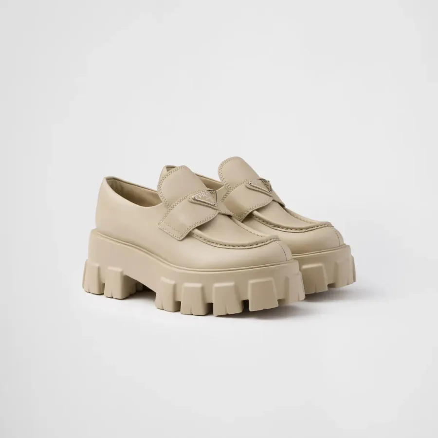 PRADA Desert Yellow Monolith shiny leather loafers