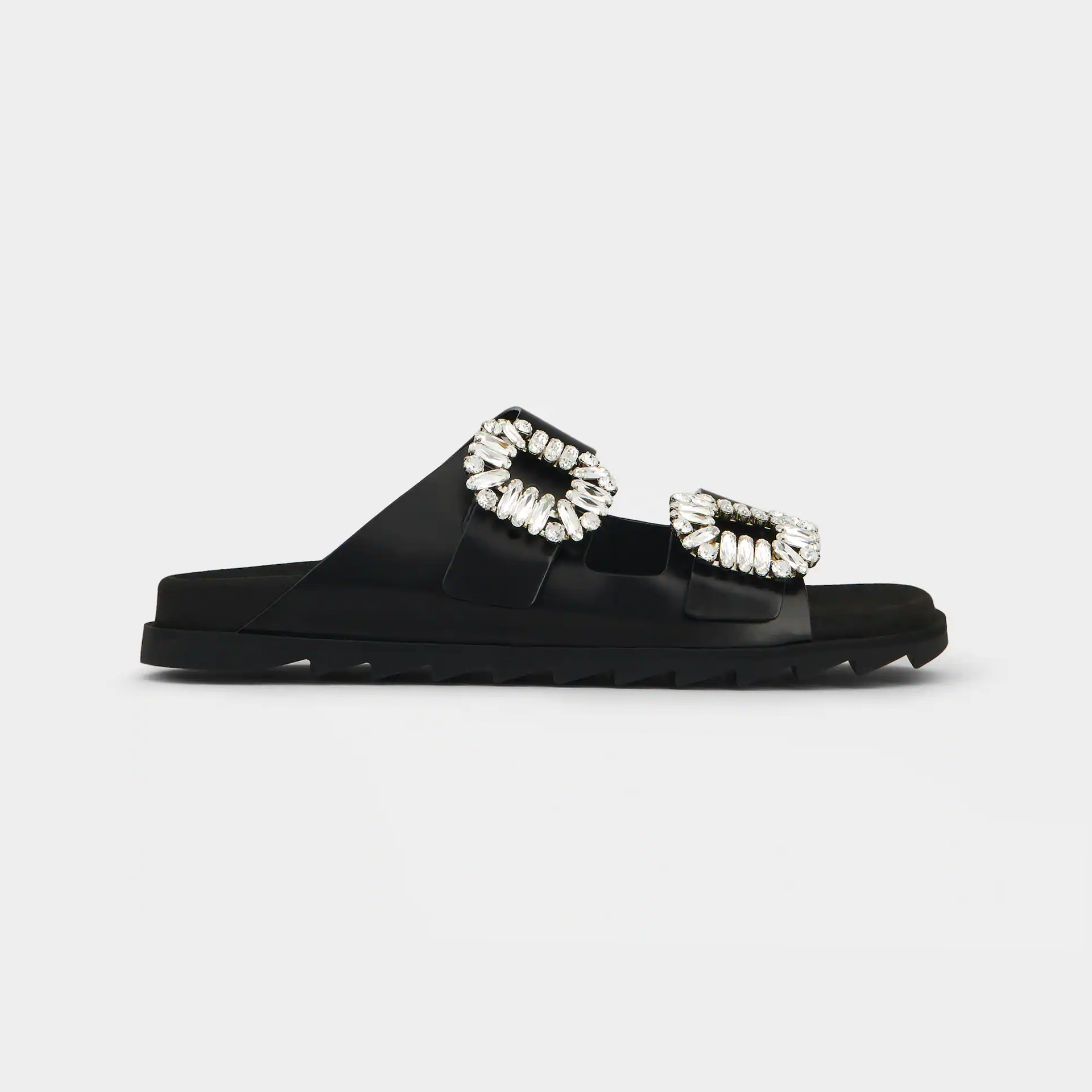 Roger Vivier Slidy Viv' Mules Sandalhas Em Couro Preto Com Fivela De Cristal