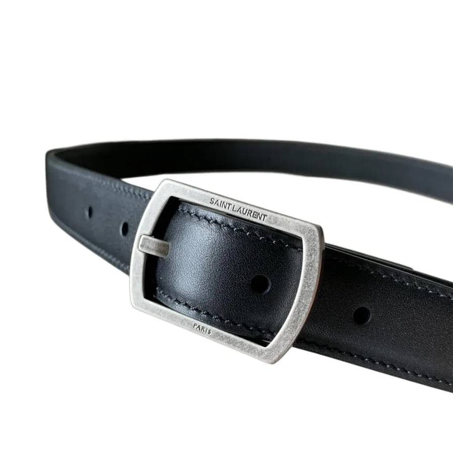 Saint Laurent Paved Buckle Belt In Black Calfskin With Gold/Silver Hardware 25mm