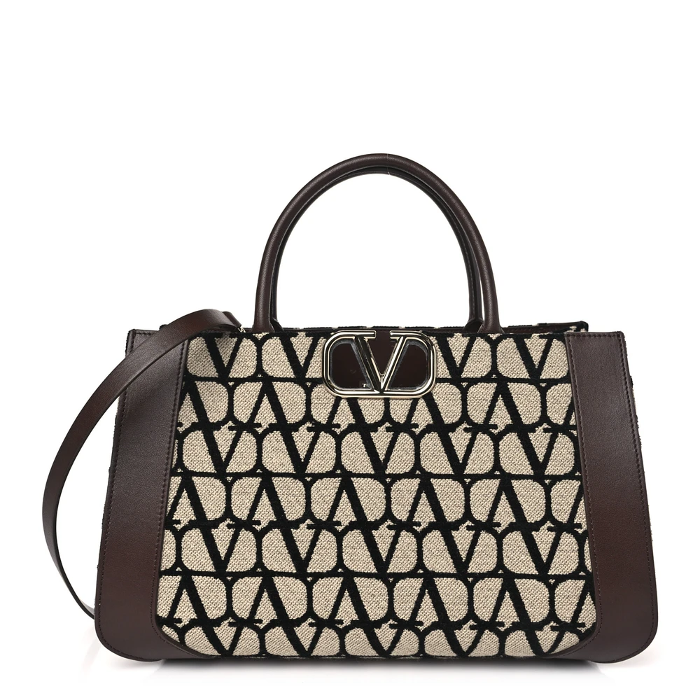 Valentino Garavani Bolsa Tote Medium VLogo Naturale/Black/Fondant Toile Iconographe em Couro Calfskin