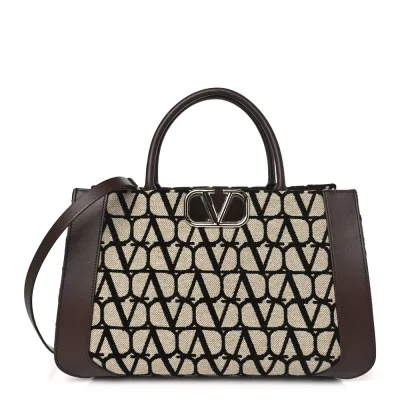 Valentino Garavani Medium VLogo Tote Naturale/Black/Fondant Toile Iconographe Calfskin Leather