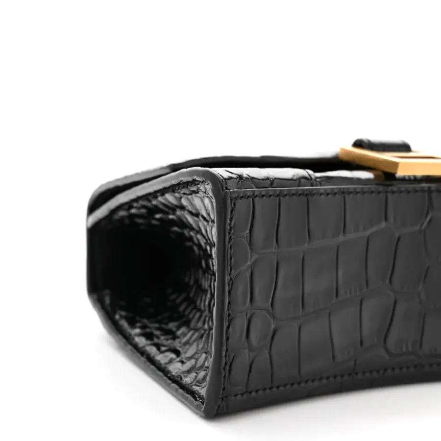 Balenciaga XS Hourglass Top Handle Bag Black Crocodile Embossed Shiny Calfskin Leather Gold Hardware