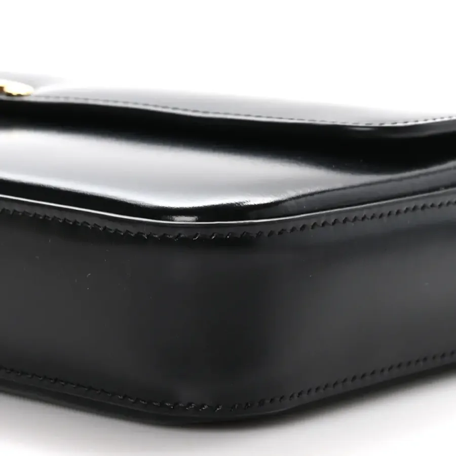 Celine Small Triomphe Chain Shoulder Bag Black Shiny Calfskin Leather Gold Hardware