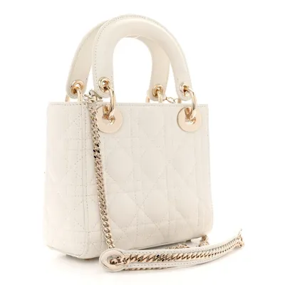Dior Mini Lady Dior White Cannage Lambskin Leather Gold Hardware