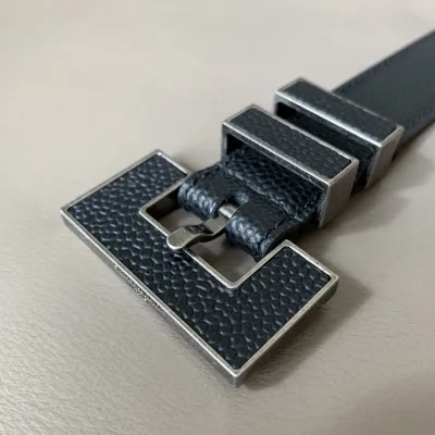 Saint Laurent Carre Rive Gauche Double-Loop Belt In Black Calfskin With Gold/Silver Hardware 25mm