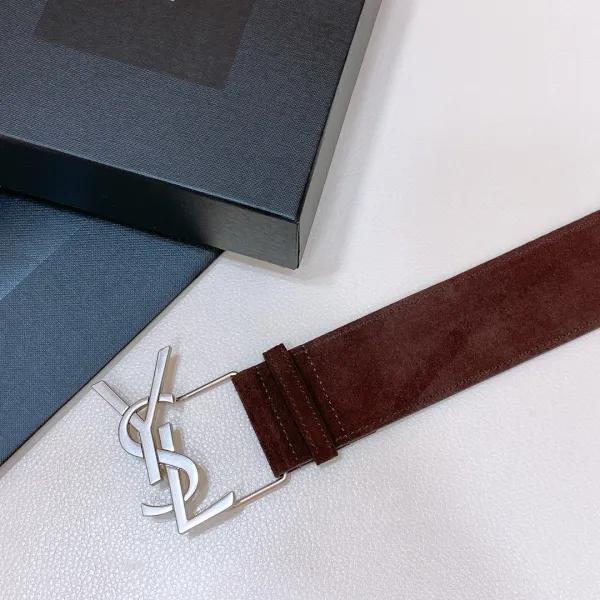 Saint Laurent Pairs Belt In Brown/Coffee Suede Leather With Gold/Silver Hardware 50mm - Image 10