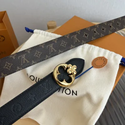 Louis Vuitton Women's Flowergram Round Buckle Reversible Belt In Black/White/Brown Calfskin And Monogram Canvas With Gold Hardware 30mm