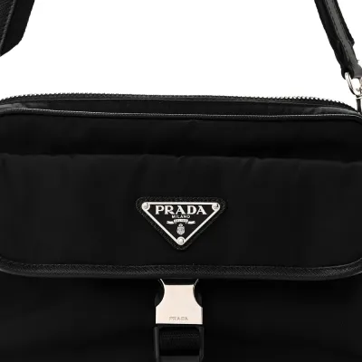 Prada Small Pocket Single Snap Buckle Shoulder Bag Black Re-Nylon & Saffiano Leather Silver Hardware