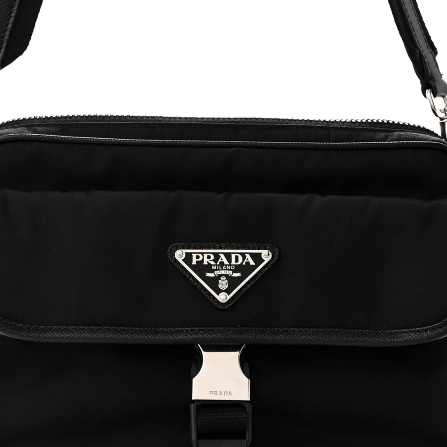 Prada Small Pocket Single Snap Buckle Shoulder Bag Black Re-Nylon & Saffiano Leather Silver Hardware