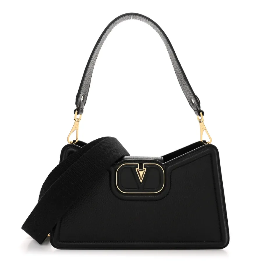 Valentino Garavani Medium VLogo Signature Shoulder Bag Black Grainy Calfskin Leather Gold Hardware