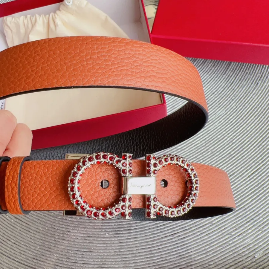 Ferragamo Women's Double Gancini Buckle With Crystals Adjustable Belt In Red/Brown/Green/Pink/Black/White/Burgundy/Khaki/Celery Grained Calfskin With Gold/Silver Hardware 25mm