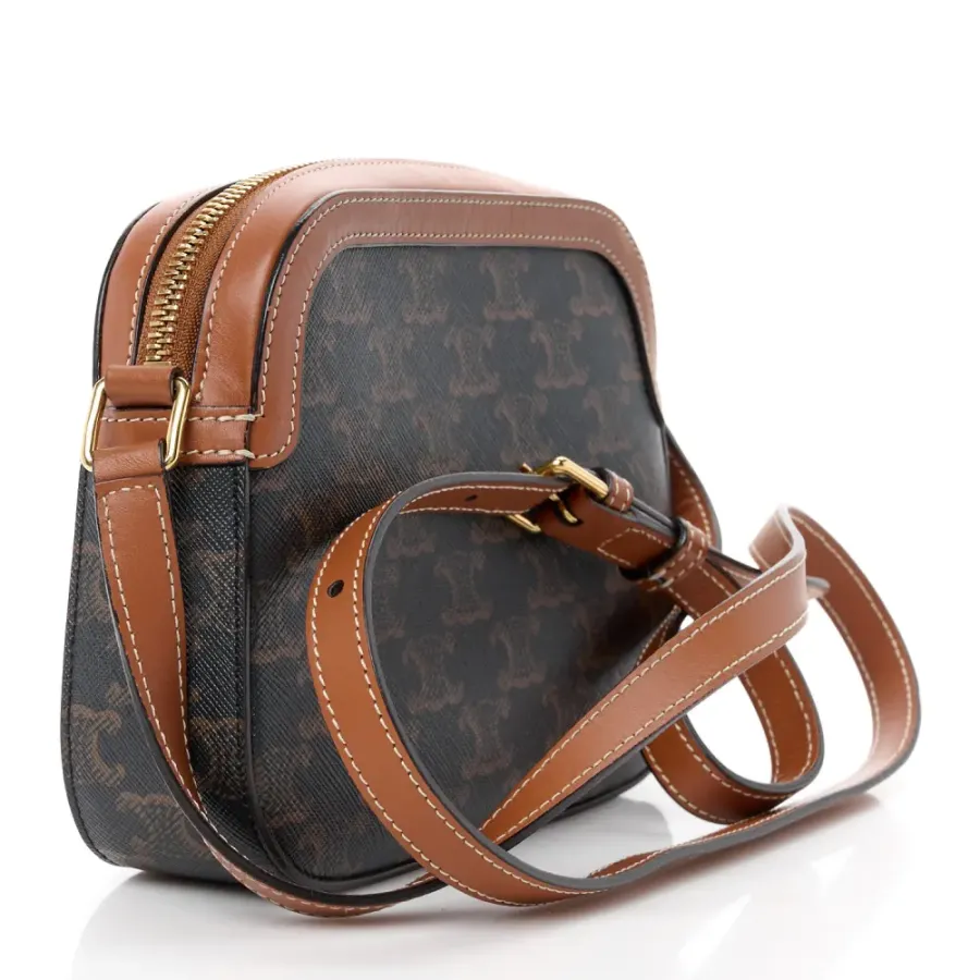 Celine Small Camera Bag Tan Triomphe Canvas Gold Hardware