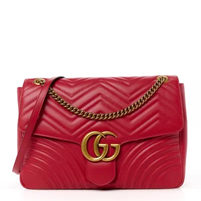 Gucci Large GG Marmont Shoulder Bag Hibiscus Red Calfskin Matelassé Leather Aged Gold Hardware