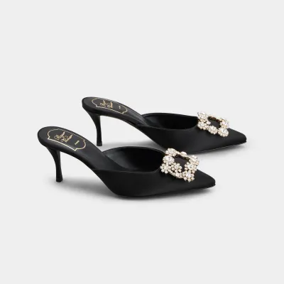 Roger Vivier Efflorescence Mules High Heels In Black Satin With Crystal Buckle (Heel Height 6.5cm)