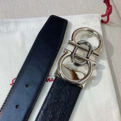 Ferragamo Men's Double Gancini Buckle Belt In Black Ostrich Grain Calfskin With Gold/Silver Hardware 35mm