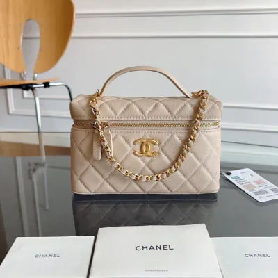 Chanel Apricot color / Yellow / Pink / white / Grey / Black  Quilted Caviar Leather handle makeup bag handbag
