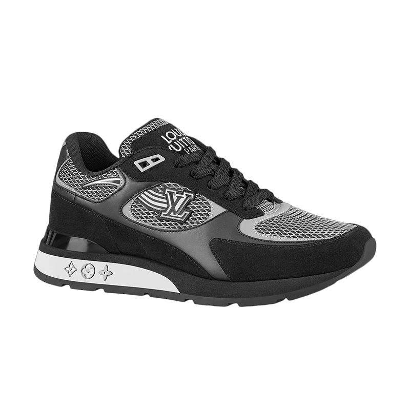 Louis Vuitton Tênis masculino em couro bezerro acolchoado com mesh preto e padrão LV.