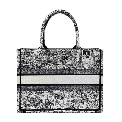 Dior Medium Dior Book Tote White and Black Paris Allover Embroidery