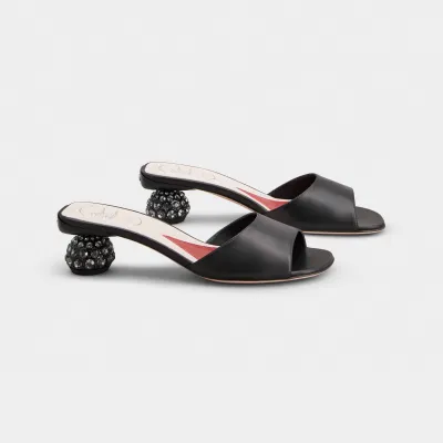 Roger Vivier Mules Sandals In Black/White Leather Crystal Heels (Heel Height 4cm)