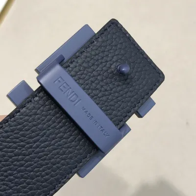 Fendi Men's Rounded FF Reversible Belt In Black/Blue Calfskin And Monogram Canvas With Silver Hardware 38MM