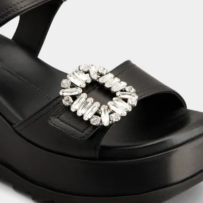 Roger Vivier Slidy Viv' Wedge Sandals In Black Calfskin Leather With Crystal Buckle (Heel Height 6.5cm)