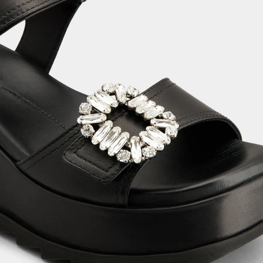 Roger Vivier Slidy Viv' Wedge Sandals In Black Calfskin Leather With Crystal Buckle (Heel Height 6.5cm)