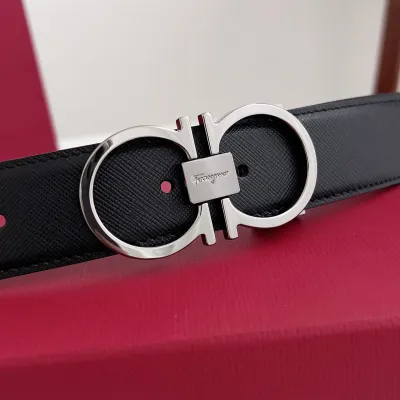 Ferragamo Men's Thin Double Gancini Buckle Reversible Belt In Black Saffiano Calfskin With Gold/Silver Hardware 35mm