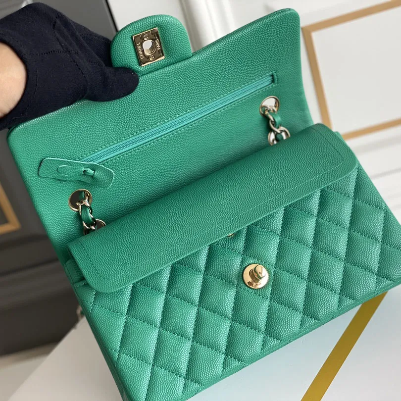 Chanel CF Green / Pink Quilted Caviar Leather Crossbody Bags