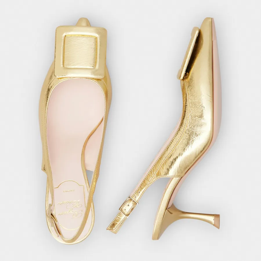Roger Vivier Viv' In The City Slingback Pumps High Heels In Gold Leather With Covered Buckle (Heel Height 6.5cm)