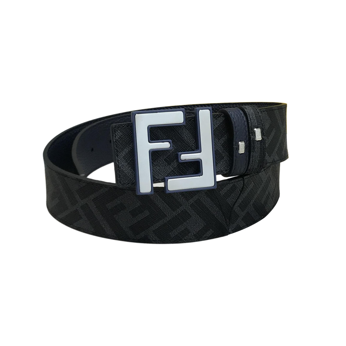 Cinto FF Arredondado Reversível Para Homem Fendi Em Pele De Bezerro Preto/Azul E Canvas Monograma Com Ferragens Prateadas 38MM