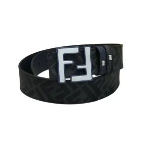 Fendi Men's Rounded FF Reversible Belt In Black/Blue Calfskin And Monogram Canvas With Silver Hardware 38MM