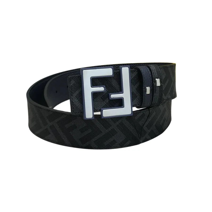 Fendi Men's Rounded FF Reversible Belt In Black/Blue Calfskin And Monogram Canvas With Silver Hardware 38MM