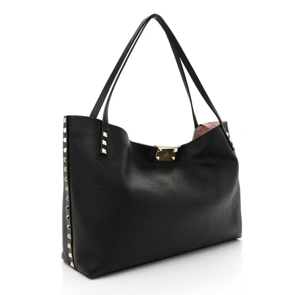 Valentino Garavani Medium Rockstud Tote Black/Rose Quartz Grainy Calfskin Leather Gold Hardware - Image 3