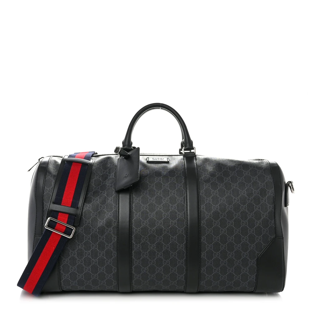 Gucci Bolsa Duffle Grande de Viagem Preta/Cinza Soft GG Supreme Monograma em Canvas e Couro Appia