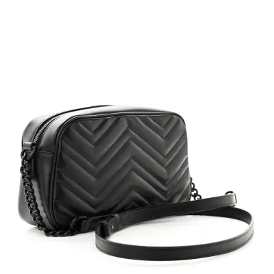 Gucci Small GG Marmont Chain Shoulder Bag Black Calfskin Leather Black Hardware