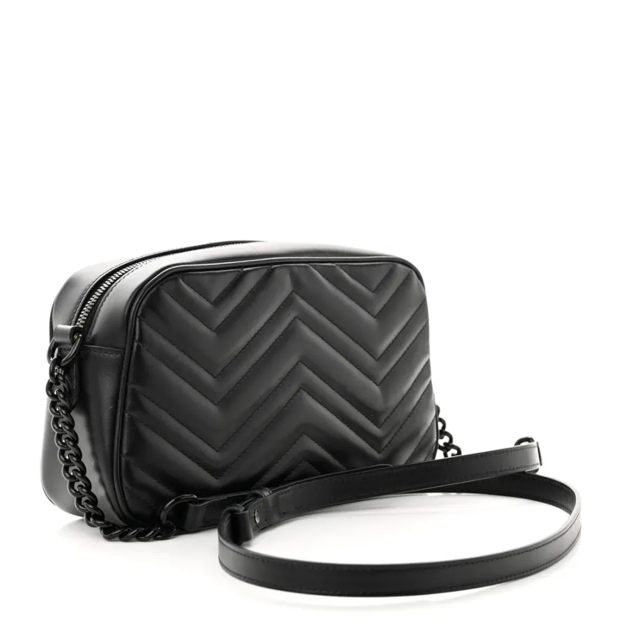Gucci Small GG Marmont Chain Shoulder Bag Black Calfskin Leather Black Hardware