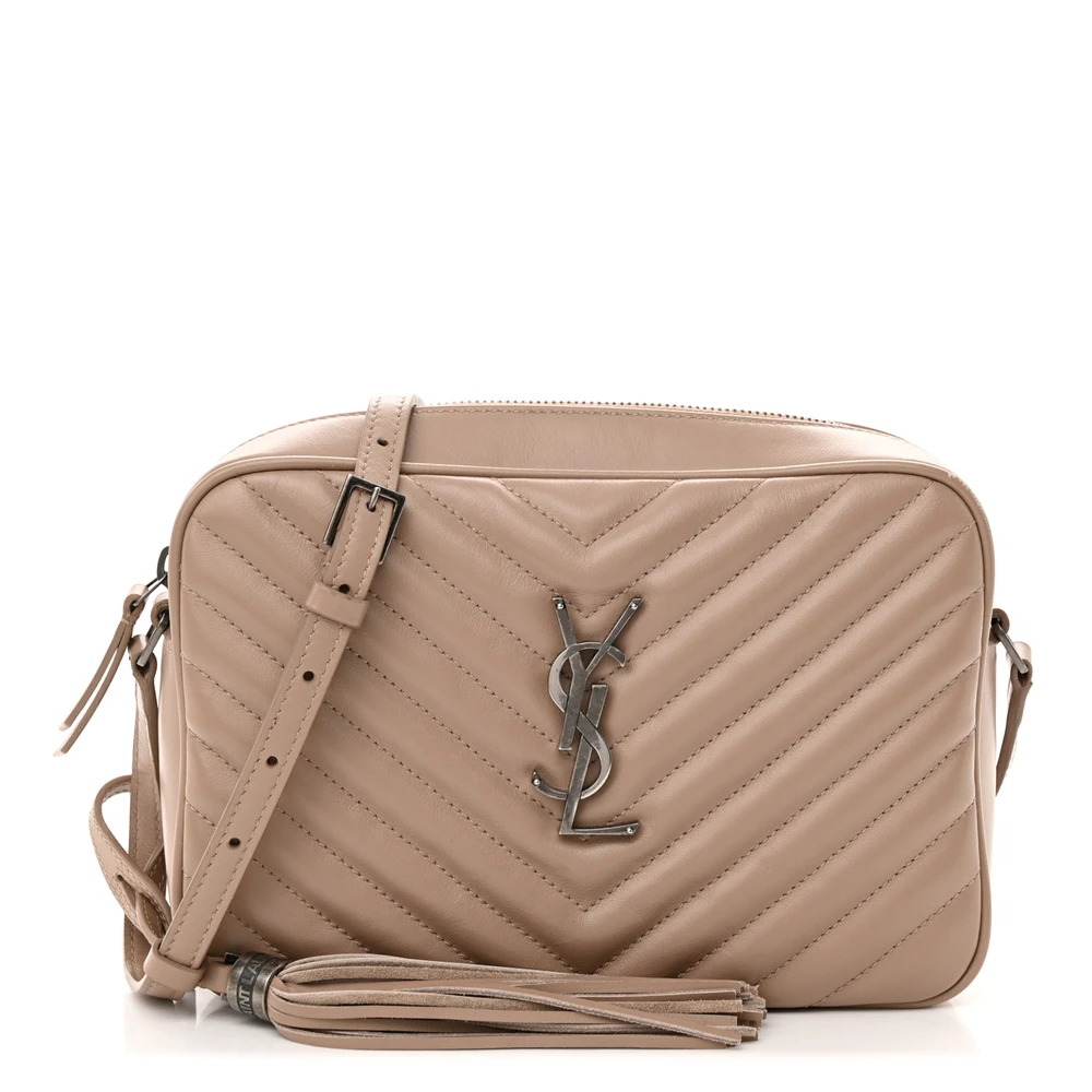 Saint Laurent Bolsa Câmera Lou Média Bege Escuro Monograma em Couro Calfskin Matelassê Hardware Rutênio