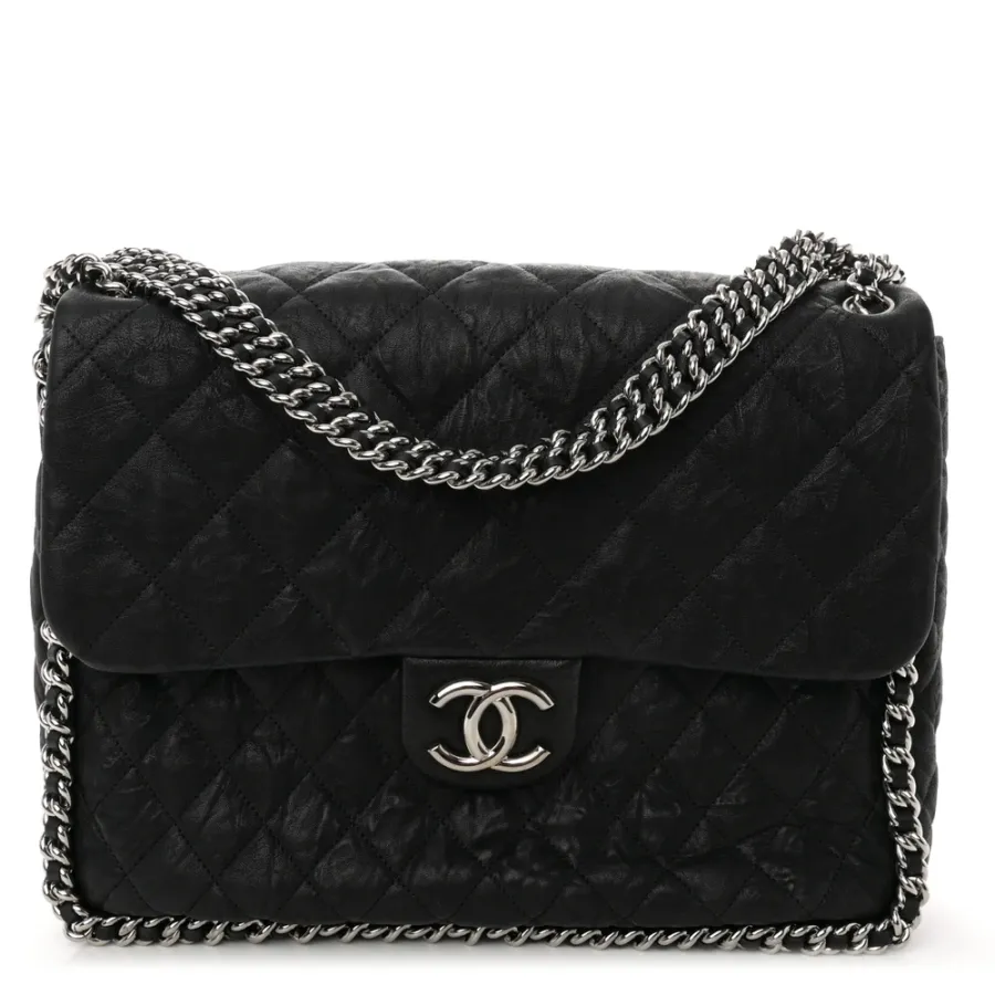 Chanel Chain Around Flap Maxi Black Quilted Washed Lambskin Leather Silver Hardware