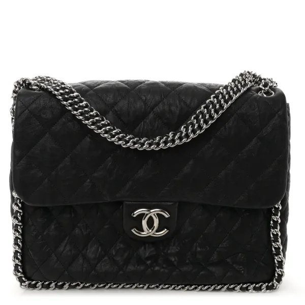 Chanel Chain Around Flap Maxi Black Quilted Washed Lambskin Leather Silver Hardware