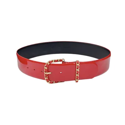 Chanel Women's Chain Buckle Belt In Red/Black Patent Calfskin With Gold Hardware 50mm